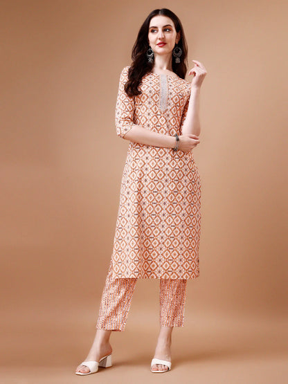 Traditional Pattern Printed & Lace Yoke Embroidered Cotton Kurta Pant With Dupatta