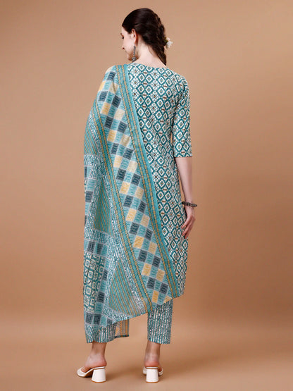Geometric Pattern Printed & Lace Yoke Embroidered Blue Cotton Kurta Pant With Dupatta