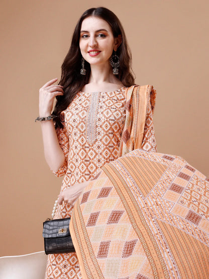 Traditional Pattern Printed & Lace Yoke Embroidered Cotton Kurta Pant With Dupatta