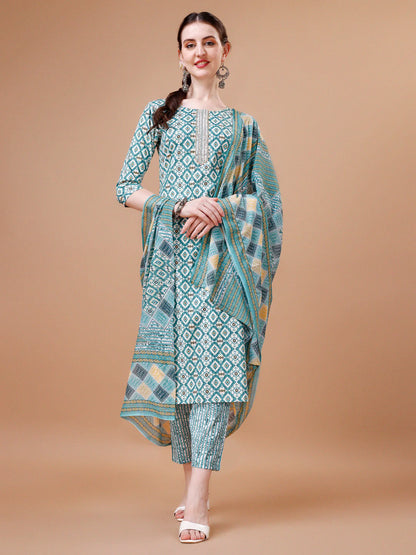 Geometric Pattern Printed & Lace Yoke Embroidered Blue Cotton Kurta Pant With Dupatta