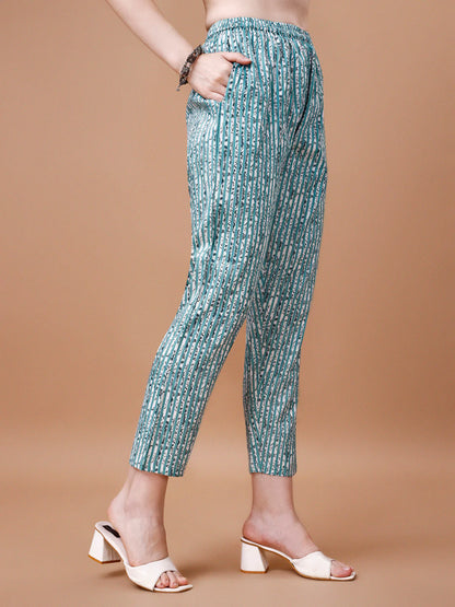 Geometric Pattern Printed & Lace Yoke Embroidered Blue Cotton Kurta Pant With Dupatta