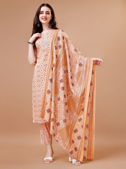 Traditional Pattern Printed & Lace Yoke Embroidered Cotton Kurta Pant With Dupatta