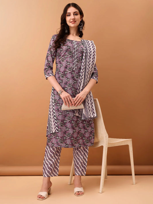 Women's Lavender Mirror work Embroidered & Floral Printed Cotton Kurta Pant With Dupatta
