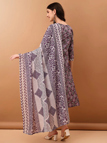 Women's Lavender Mirror work Embroidered & Floral Printed Cotton Kurta Pant With Dupatta