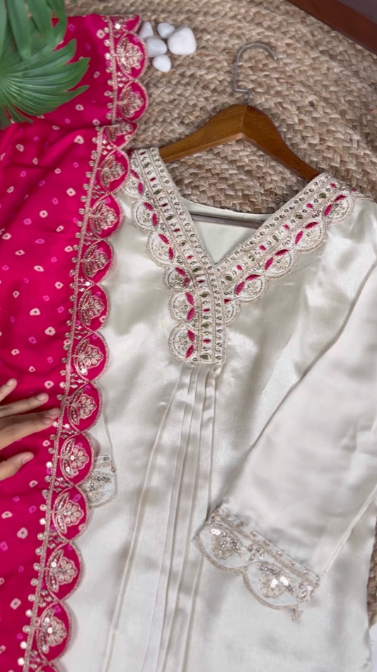 Cream Premium Monga Silk Suit With Fine Embroidery & Sequine Work Kurti Pant & Dupatta Set