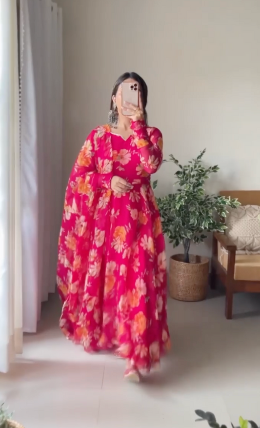 Floral Printed Premium Organza Gown With Dupatta with Lace Work