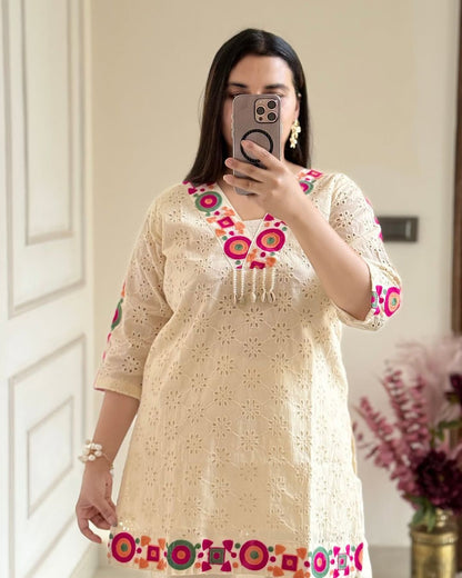 Pure Khadi Cotton Kurta Pant Co-ord With Schiffli and Thread Work