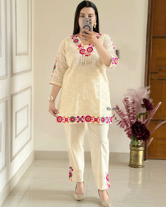 Pure Khadi Cotton Kurta Pant Co-ord With Schiffli and Thread Work