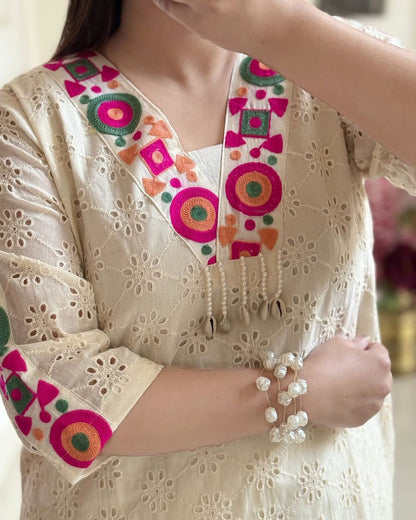 Pure Khadi Cotton Kurta Pant Co-ord With Schiffli and Thread Work