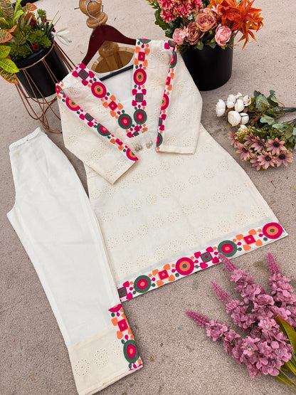 Pure Khadi Cotton Kurta Pant Co-ord With Schiffli and Thread Work