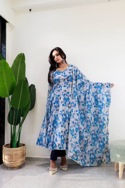 New Stylish Wear Organza Taby Silk Gown Style Kurti With Dupatta & Bottom