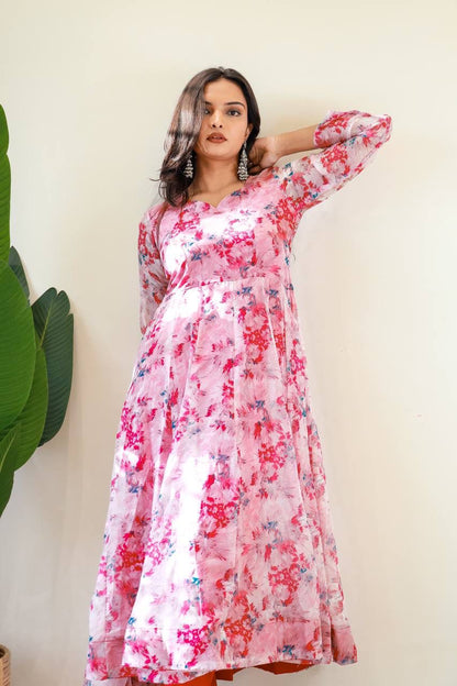 New Stylish Wear Organza Taby Silk Gown Style Kurti With Dupatta & Bottom