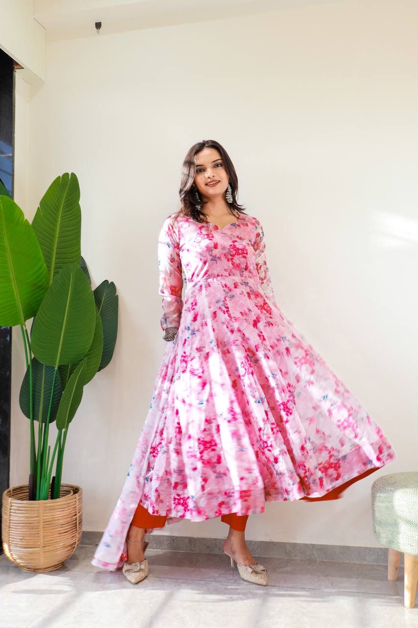 New Stylish Wear Organza Taby Silk Gown Style Kurti With Dupatta & Bottom