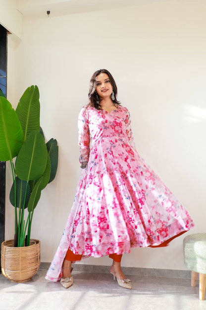 New Stylish Wear Organza Taby Silk Gown Style Kurti With Dupatta & Bottom