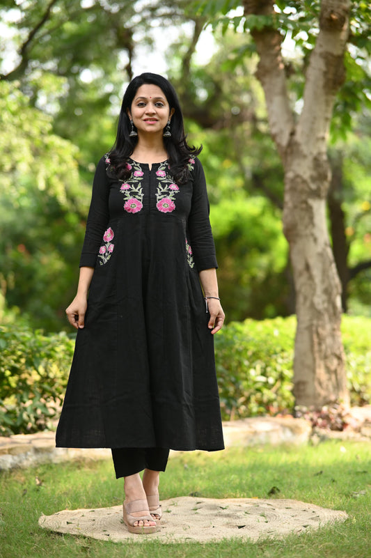 Pure Soft Cotton Embroidery Work Black Kurti Pant Set