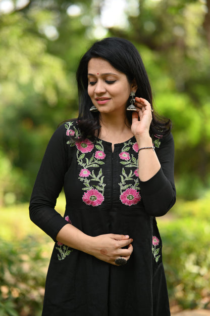 Pure Soft Cotton Embroidery Work Black Kurti Pant Set