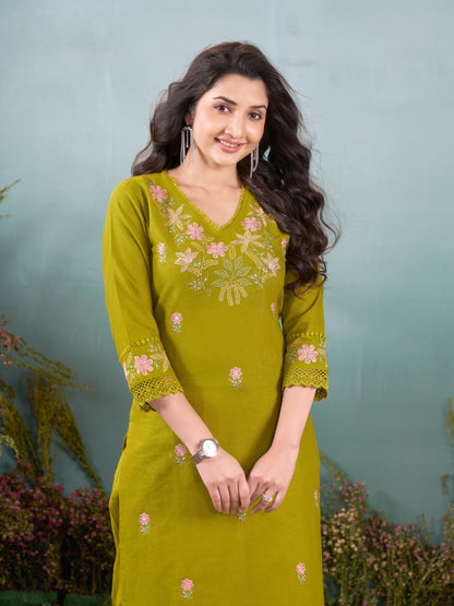 Premium Soft Khadi Cotton Embroidery Lace Work Detailed Kurti Pant Set