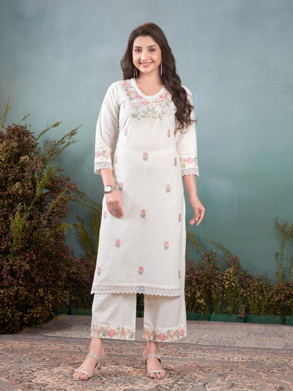 Premium Soft Khadi Cotton Embroidery Lace Work Detailed Kurti Pant Set