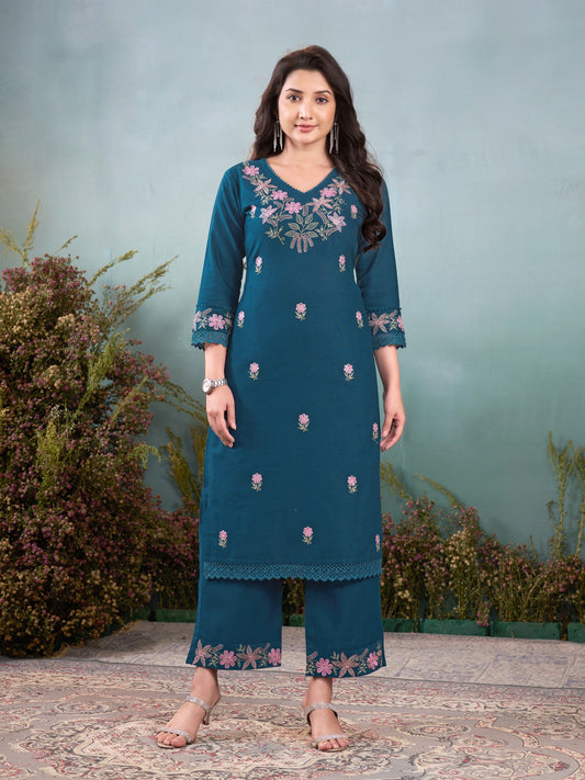 Premium Soft Khadi Cotton Embroidery Lace Work Detailed Kurti Pant Set