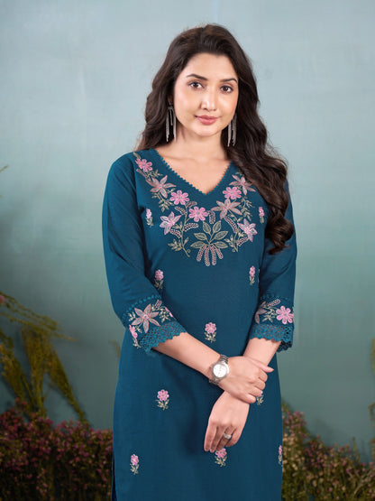 Premium Soft Khadi Cotton Embroidery Lace Work Detailed Kurti Pant Set