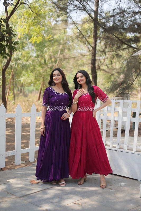 Wedding & Festive Designer Wear Faux Blooming With Beads Embroidery Work Gown