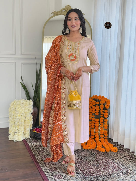 Festive Wear BSY Viscose Detailed Embroidery Work Kurti Pant With Dupatta Set