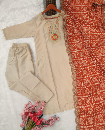 Festive Wear BSY Viscose Detailed Embroidery Work Kurti Pant With Dupatta Set