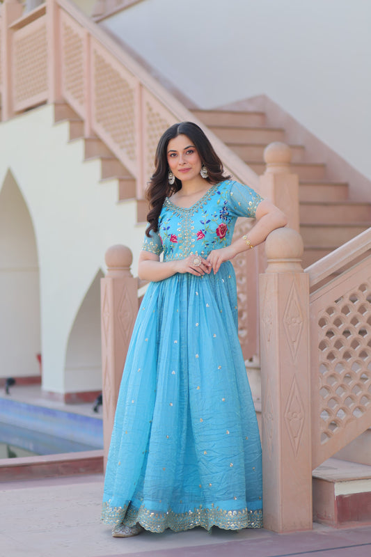 Designer Wear Gold Crush Gown With Multi Thread Embroidery Zari Sequins Work