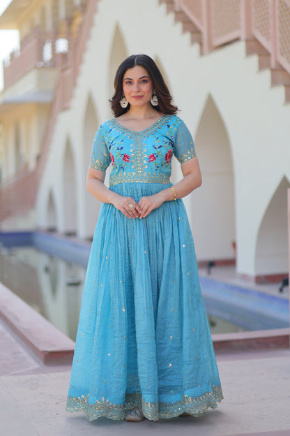Designer Wear Gold Crush Gown With Multi Thread Embroidery Zari Sequins Work