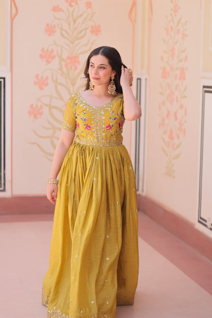 Designer Wear Gold Crush Gown With Multi Thread Embroidery Zari Sequins Work