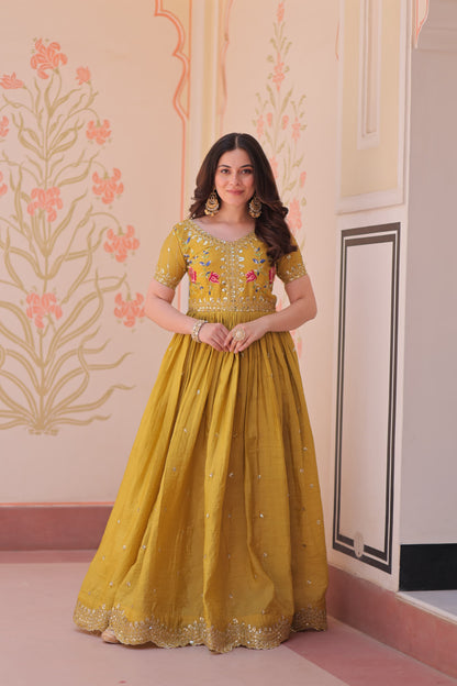 Designer Wear Gold Crush Gown With Multi Thread Embroidery Zari Sequins Work