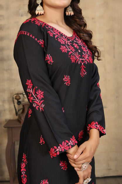 New Stylish Heavy Rayon Slub With Chikankari Embroidery Work Kurti Pant Set
