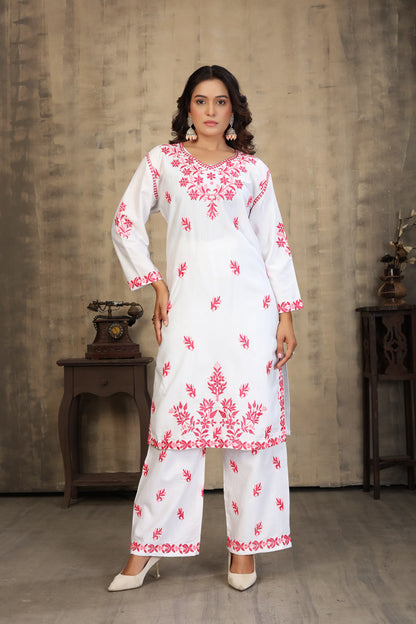 New Stylish Heavy Rayon Slub With Chikankari Embroidery Work Kurti Pant Set