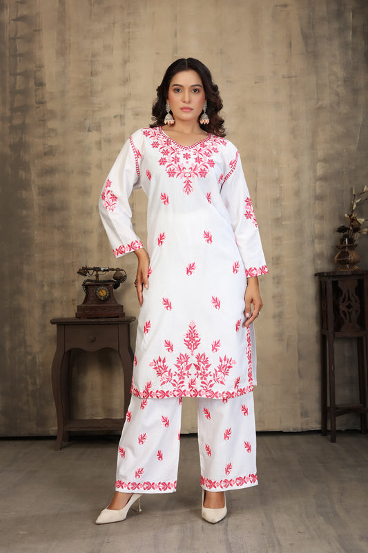 New Stylish Heavy Rayon Slub With Chikankari Embroidery Work Kurti Pant Set