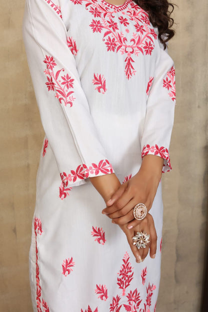 New Stylish Heavy Rayon Slub With Chikankari Embroidery Work Kurti Pant Set
