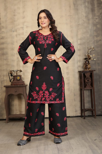 New Stylish Heavy Rayon Slub With Chikankari Embroidery Work Kurti Pant Set