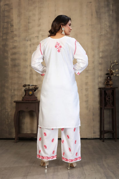 New Stylish Heavy Rayon Slub With Chikankari Embroidery Work Kurti Pant Set