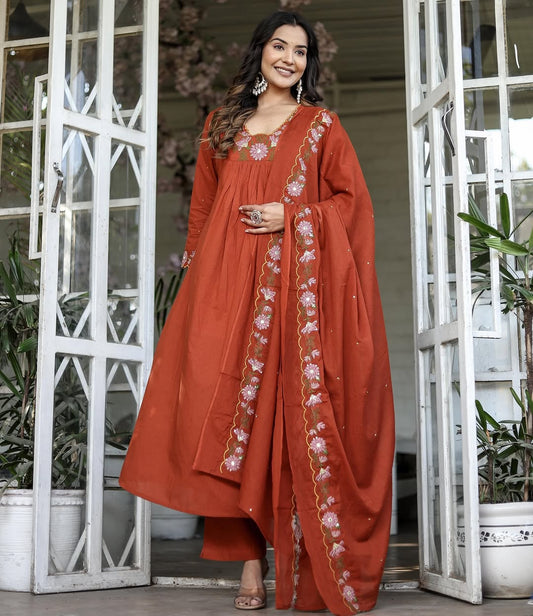 Premium Soft Rayon Slub Embroidery & Lace Work Anarkali Kurti Pant With Dupatta Set