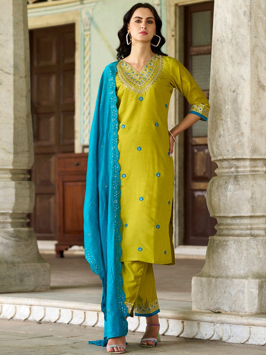 Beautiful Viscose Chanderi Detailed Embroidery Work Kurti Pant With Dupatta