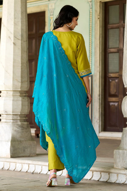 Beautiful Viscose Chanderi Detailed Embroidery Work Kurti Pant With Dupatta