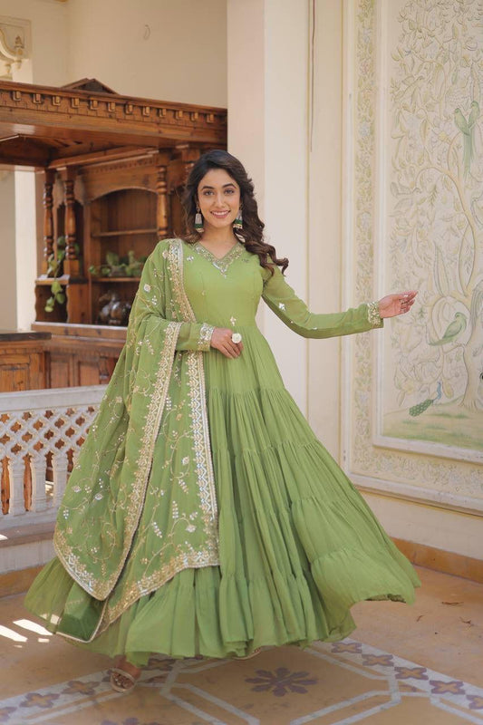 Wedding & Festive Ready Faux Georgette With Rich Sequins And Embroidered Work Gown & Dupatta Set