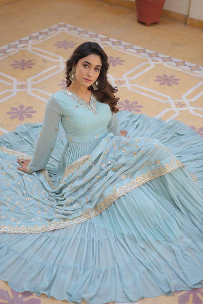 Wedding & Festive Ready Faux Georgette With Rich Sequins And Embroidered Work Gown & Dupatta Set