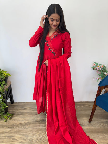 New Cherry Red Pure Mul Cotton Chanderi Gown Pant With Dupatta Set
