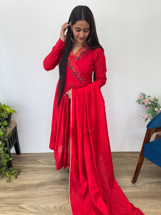New Cherry Red Pure Mul Cotton Chanderi Gown Pant With Dupatta Set
