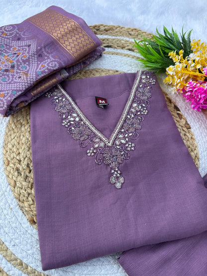 Lavender Designer Premium Roman Silk Hand Work Kurti Pant With Dupatta