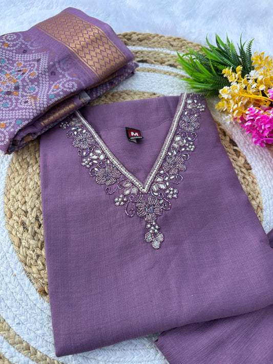 Lavender Designer Premium Roman Silk Hand Work Kurti Pant With Dupatta