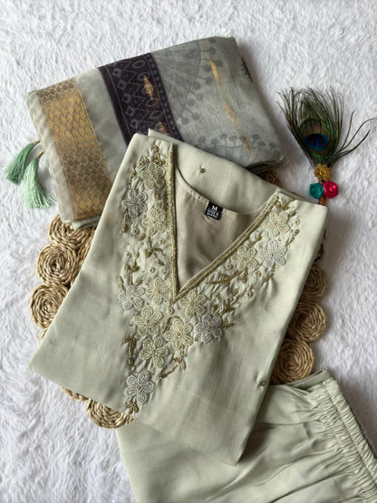 Light Pista Designer Premium Roman Silk Hand Work Kurti Pant With Dupatta