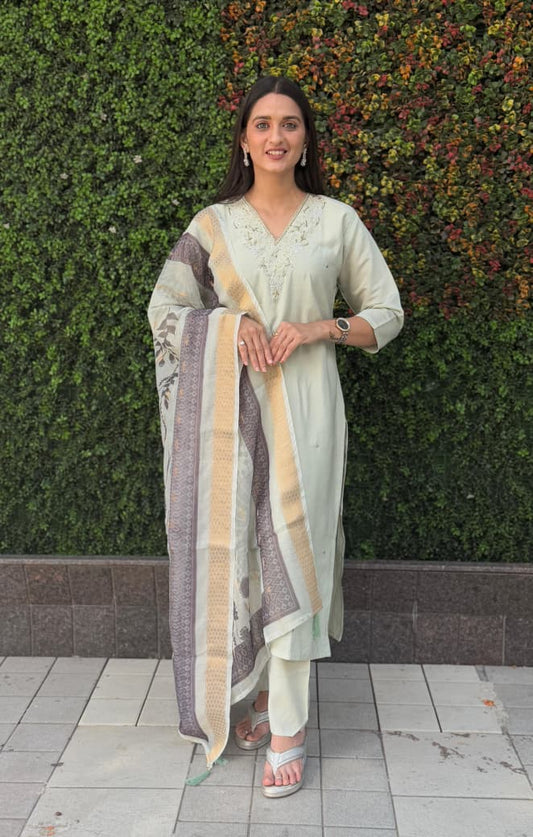 Light Pista Designer Premium Roman Silk Hand Work Kurti Pant With Dupatta