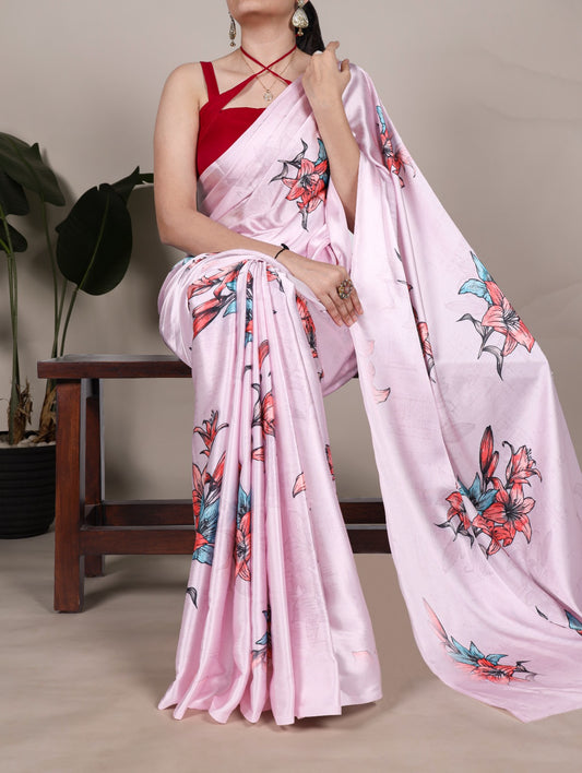 Pure Satin Silk Floral Print All Over Saree With Fresh Colours