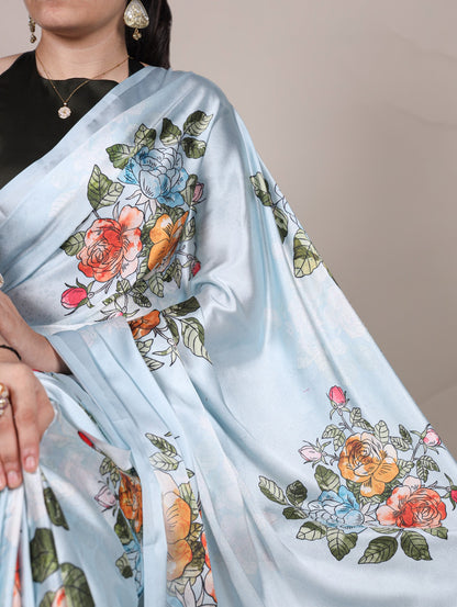 Pure Satin Silk Floral Print All Over Saree With Fresh Colours
